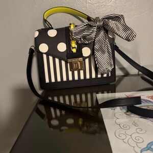 Aldo Polka Dot and Stripe Crossbody Bag with Yellow Handle